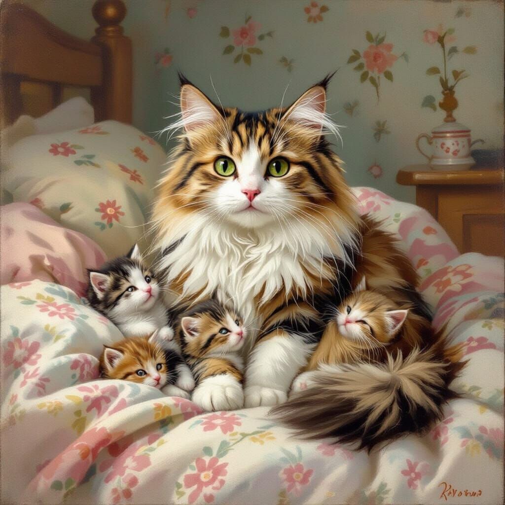 Adorable Cat Brings Kittens, Illustrated Classic Style