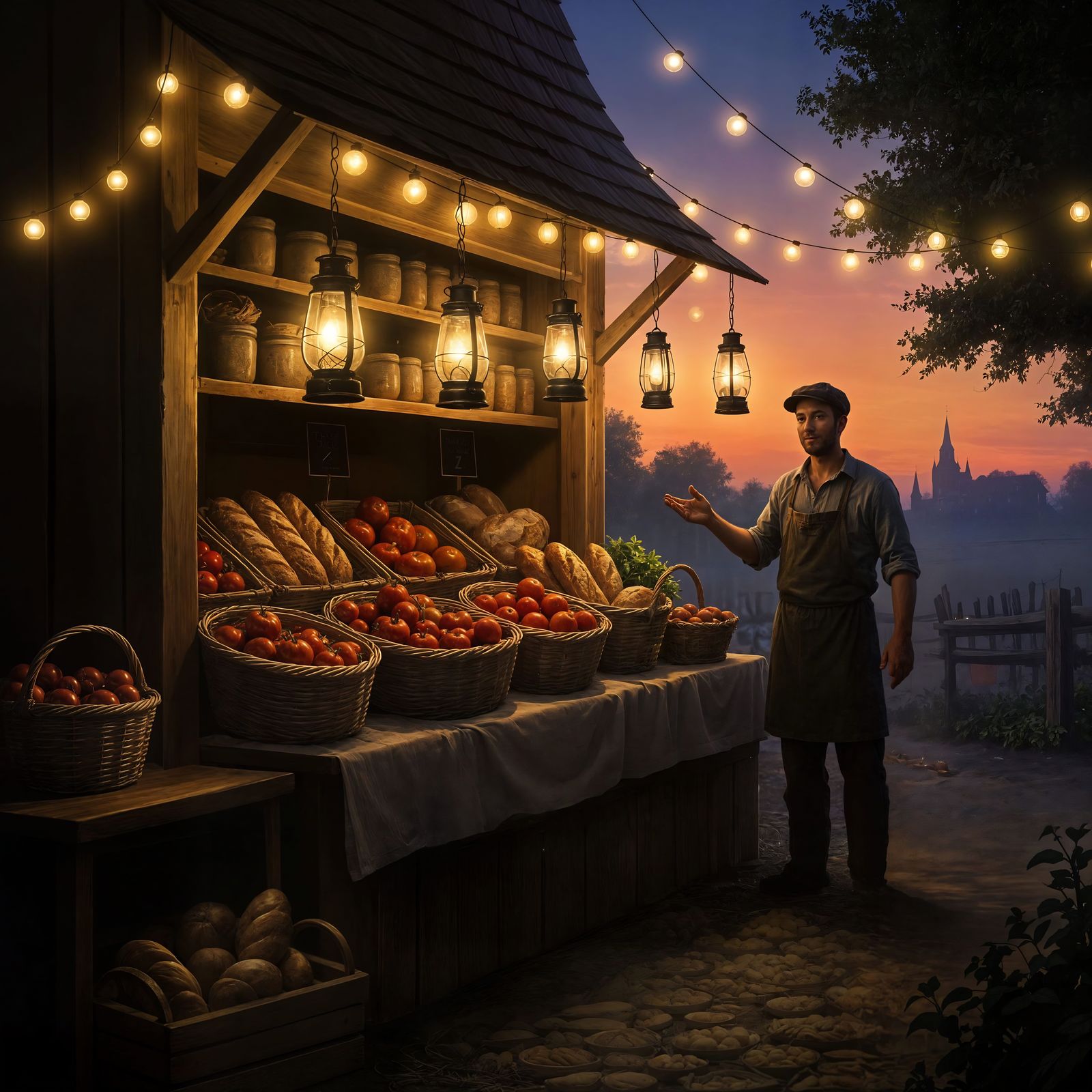 Charming Farmstand at Dusk in Painterly Style