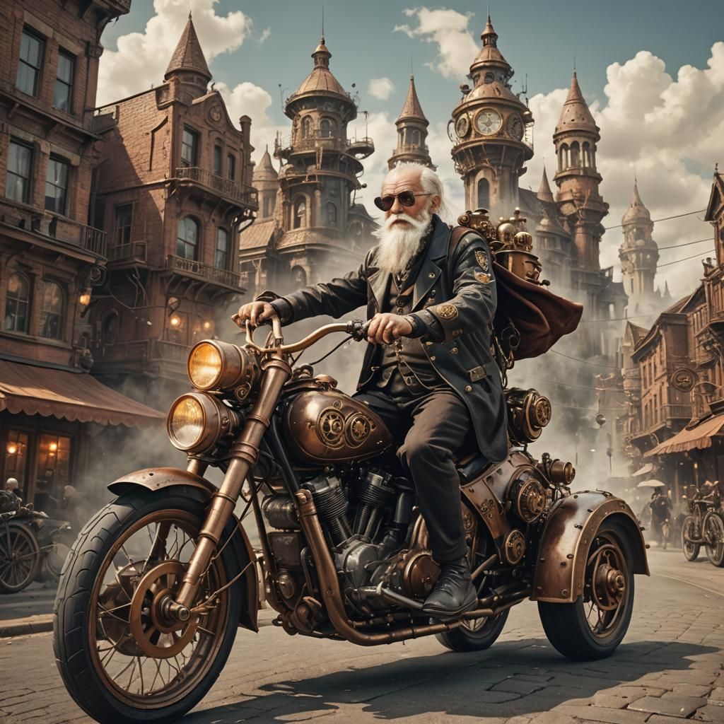 Steampunk Elder Rides Through Surreal City