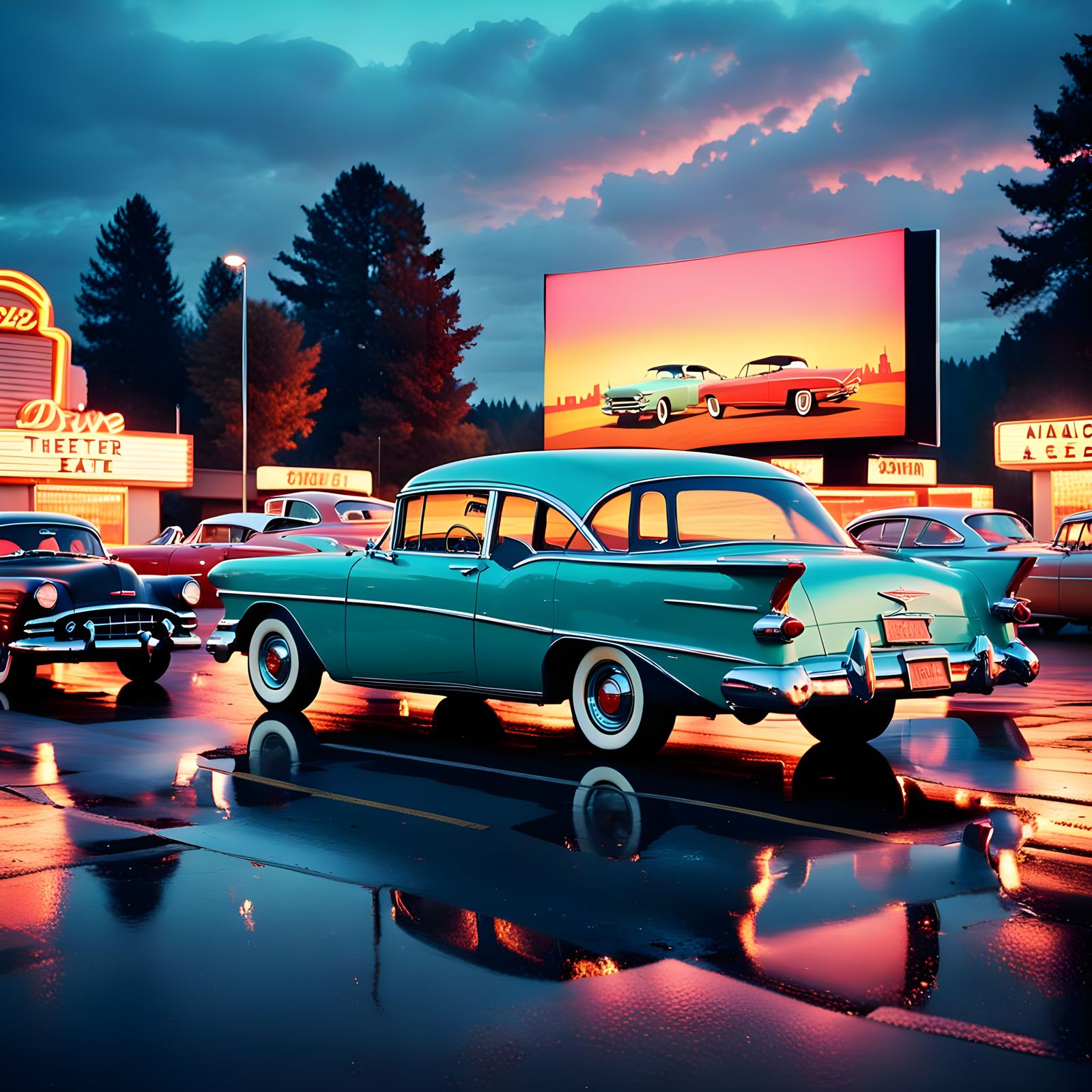 Nostalgic 1950s Drive-In Movie Theater at Night