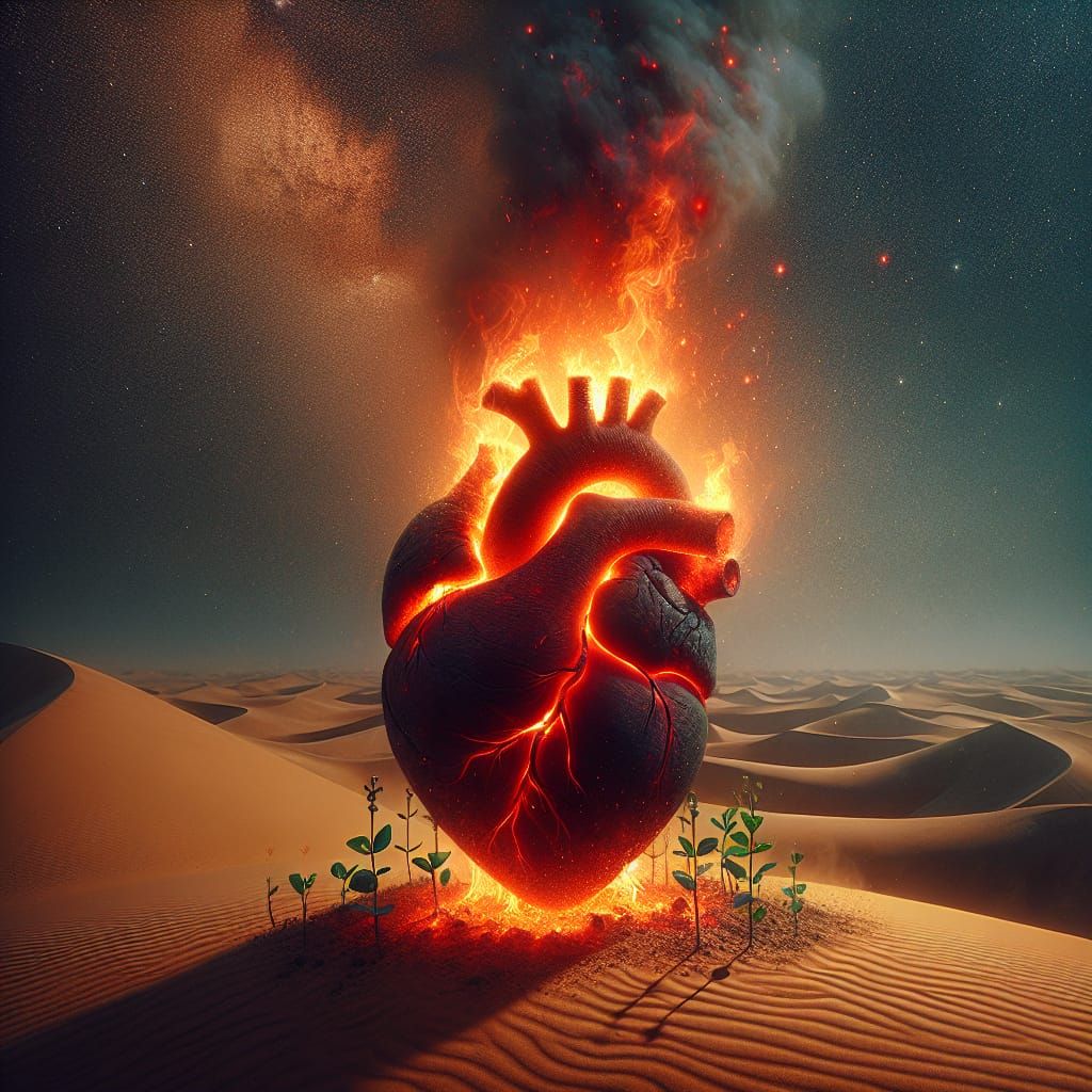 Flaming Heart Extinguished in Desert Landscape