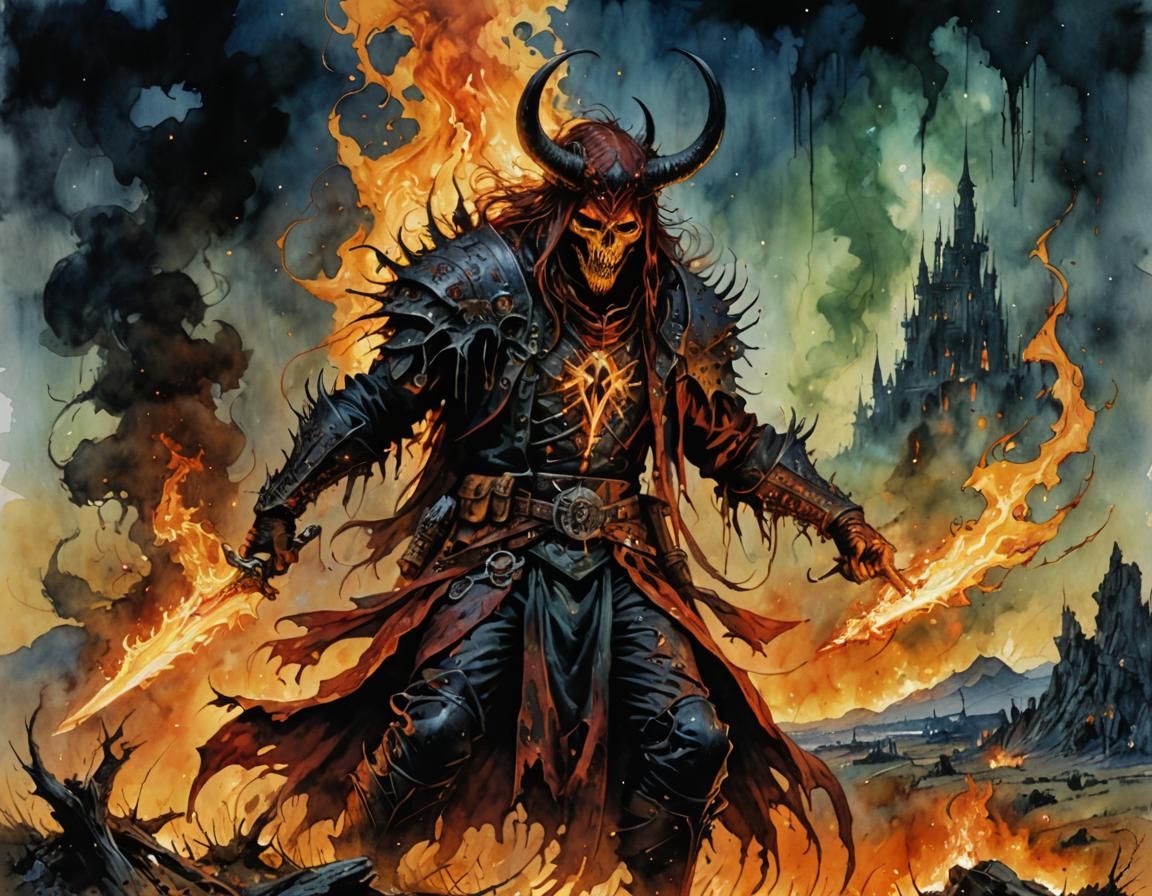 Demonic Pyromancer in Haunting Watercolour Style