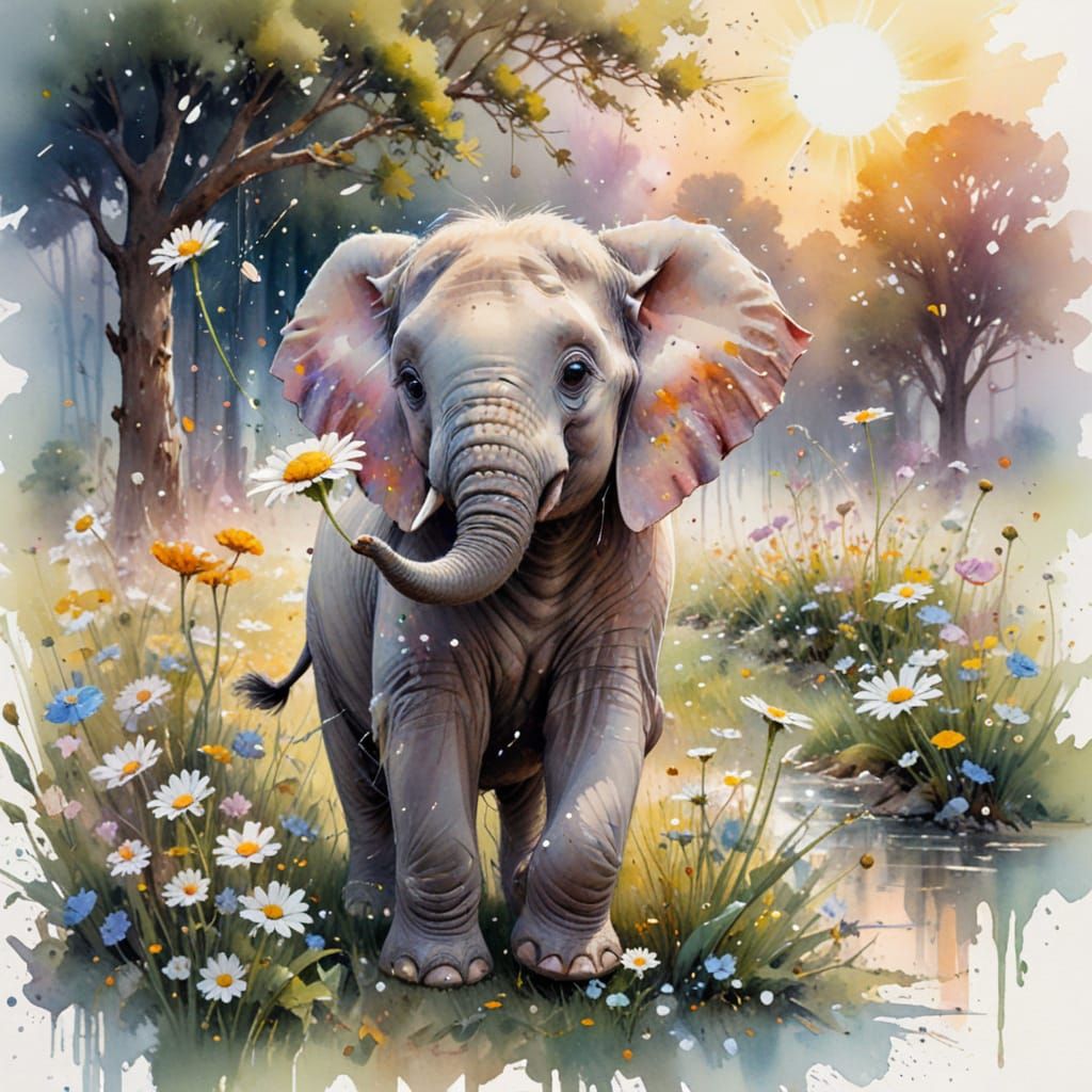 Elephant Sprays Confetti in Kawaii Watercolor Style