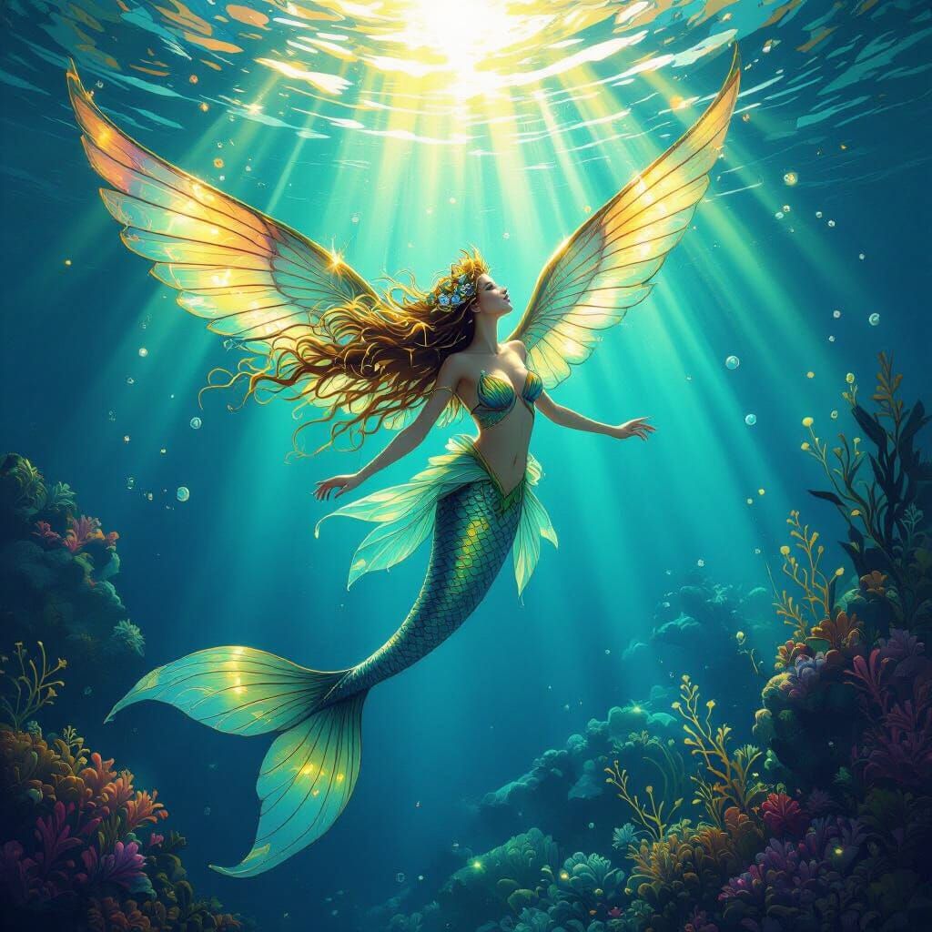 Majestic Mermaid Soars Through Luminous Ocean Depths