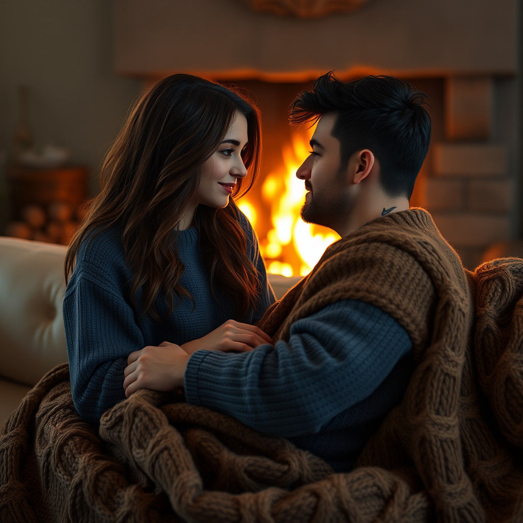Intimate Moment by the Fireplace in Hyperrealistic Style