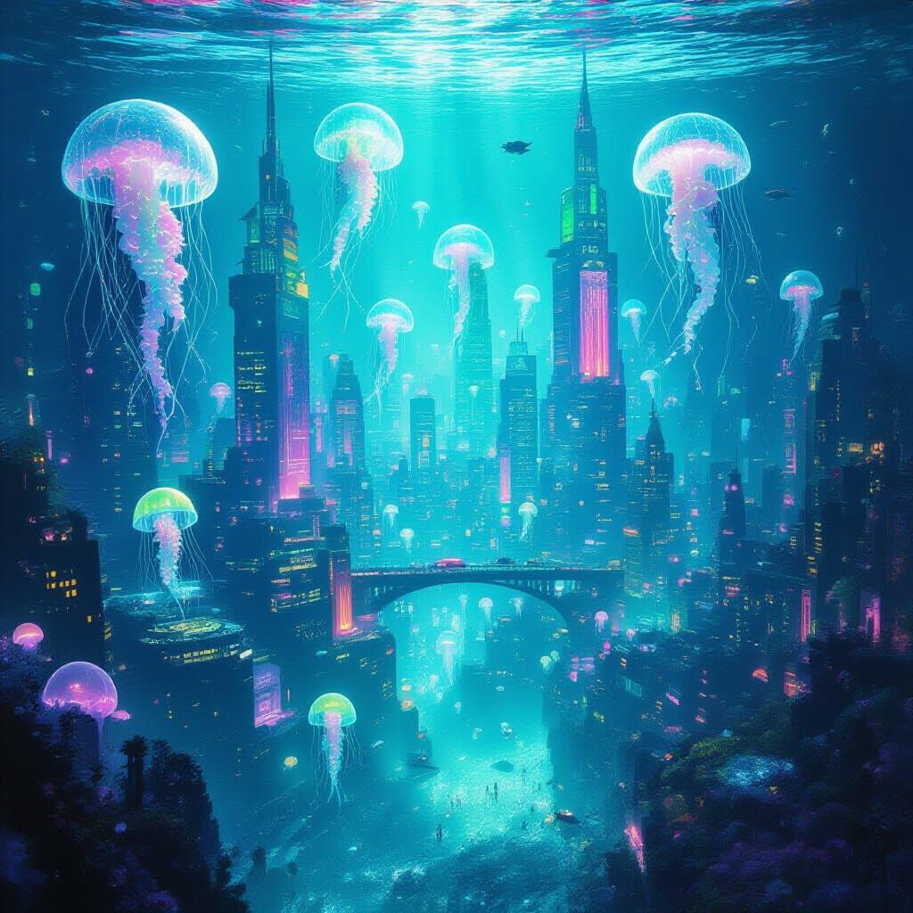 Bioluminescent Metropolis Undersea Cityscape