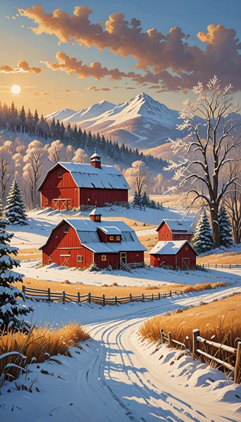 Idyllic Winter Scene with Rustic Red Barn and Snowy Fields