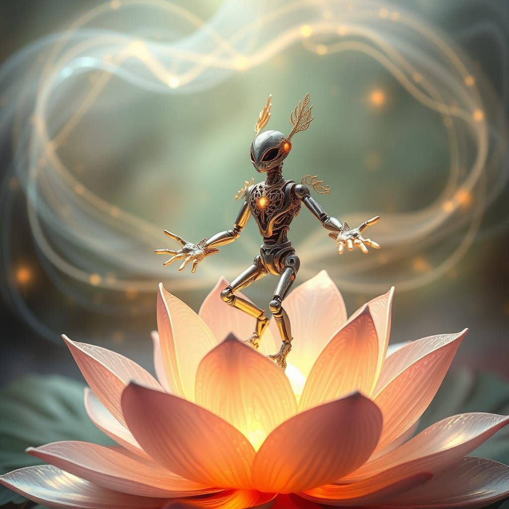 TechnicBot in Whimsical Sci-Fi Landscape with Delicate Filig...