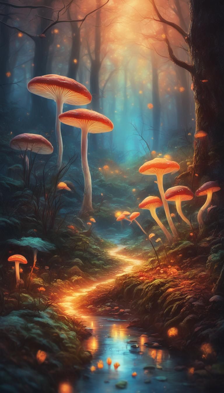Enchanted Amazonian Forest Path with Fluorescent Mushrooms