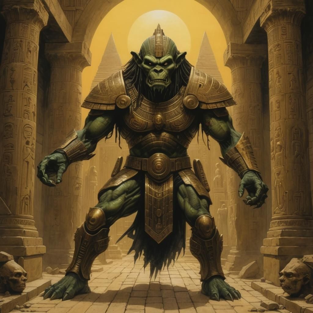 Egyptian Orc Assaults Temple in Pen and Ink