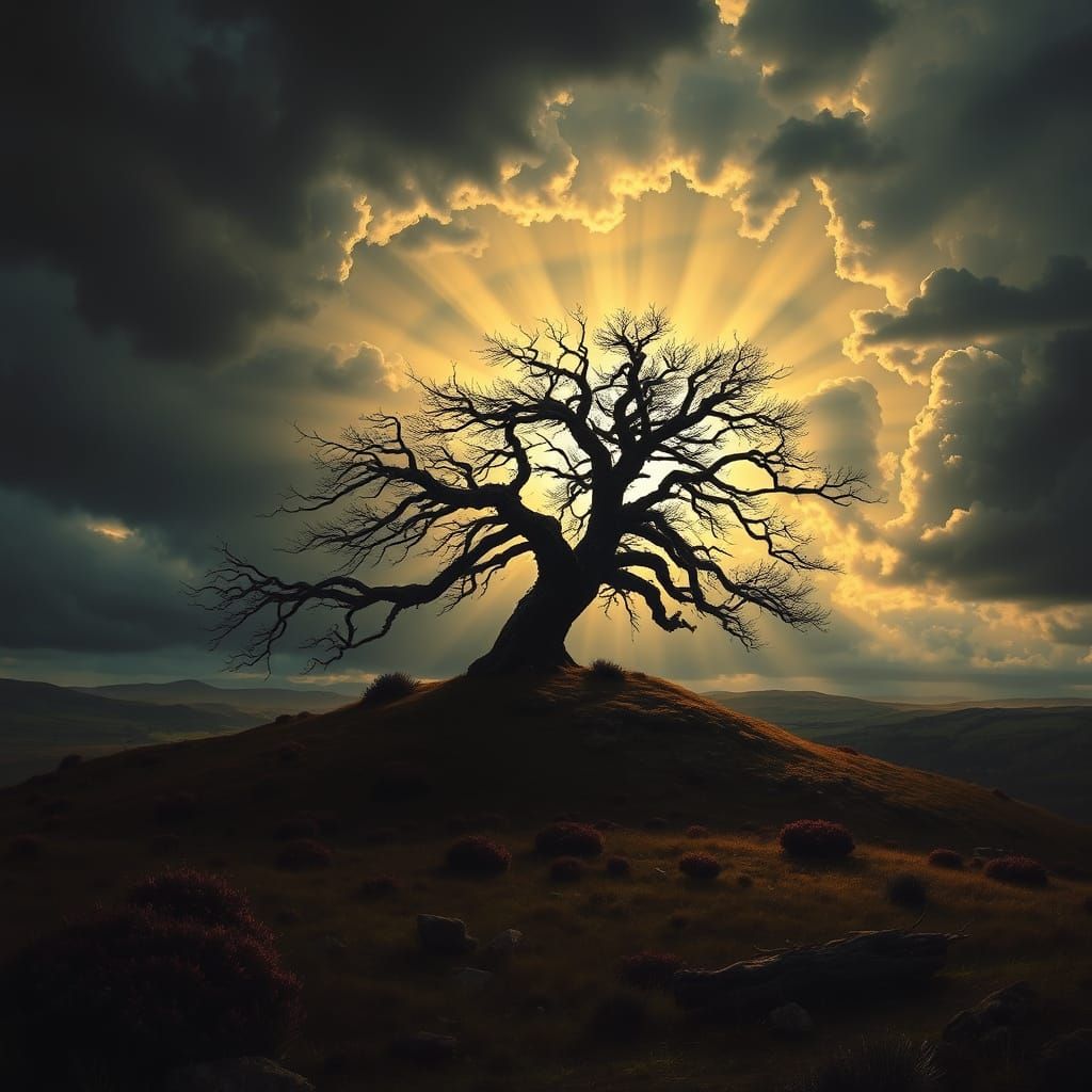 Ancient Oak Tree Silhouetted Against Dramatic Sunset