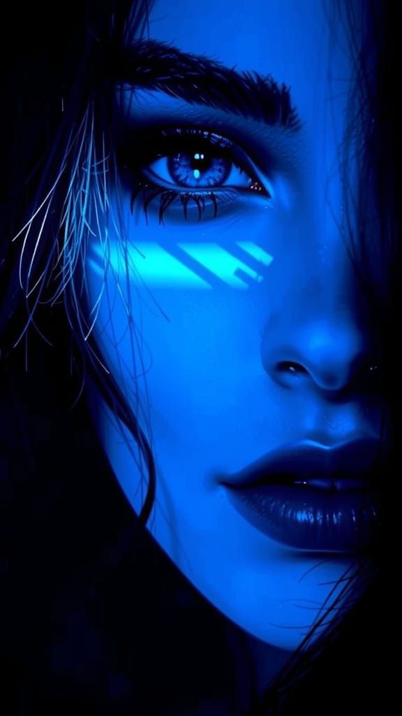Woman's Face Lit with Blue Neon Lights