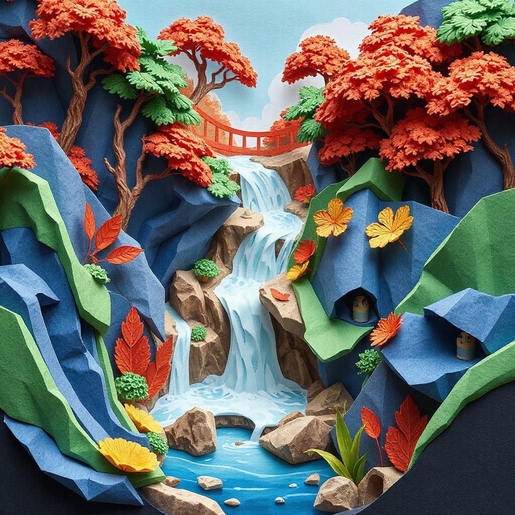 Vibrant Papercraft Waterfall with Watercolor-Inspired Colors