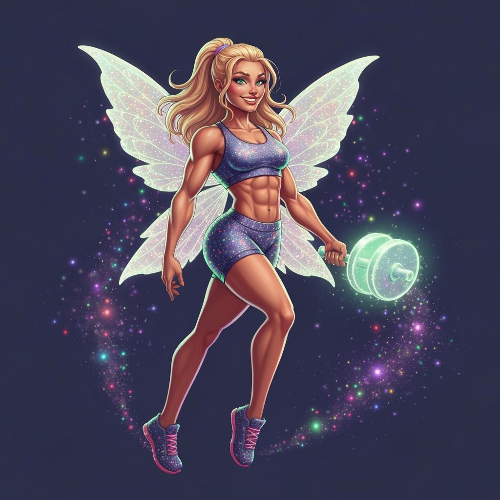 Athletic Fitness Fairy with Neon Wings and Glowing Dumbbell