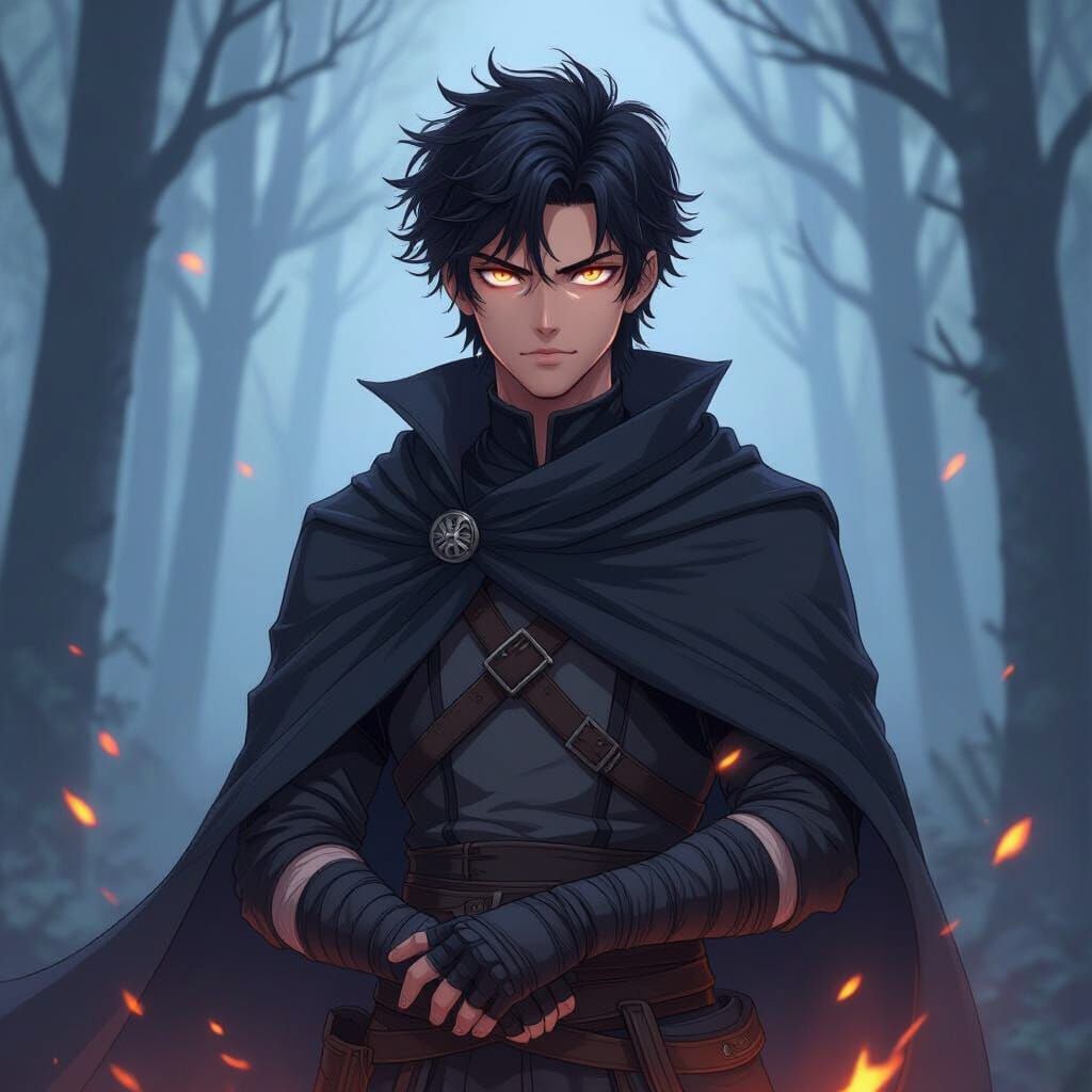 Anime-Style Young Man in Misty Forest at Twilight