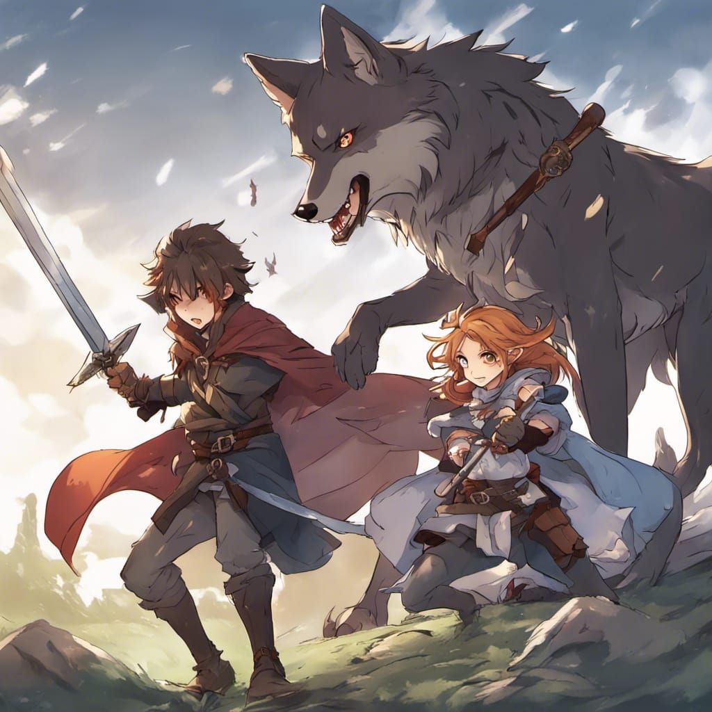 Halfling Druid Attacks Wolf and Fox in Anime Style