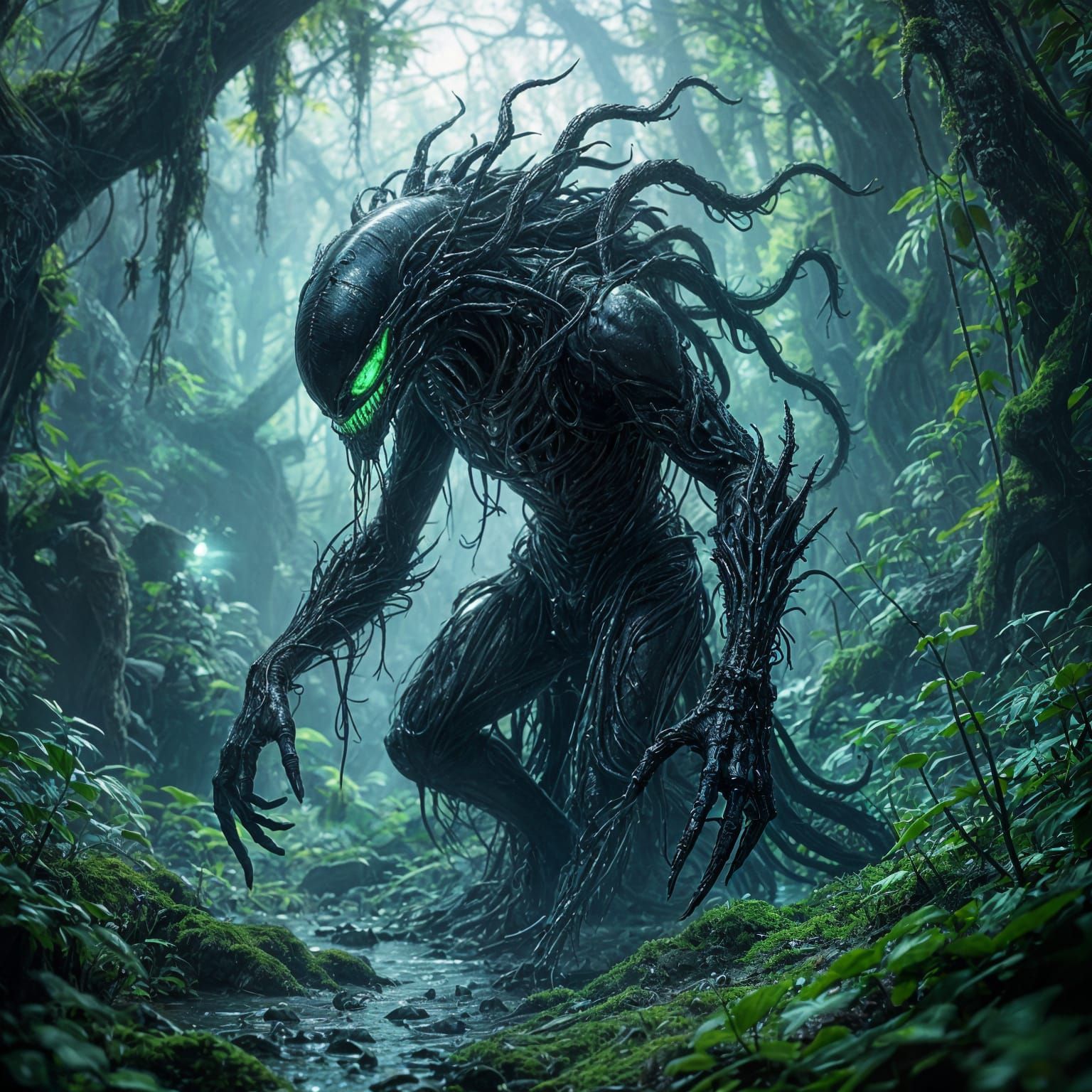Terrifying Ink Alien Hunter in Bioluminescent Jungle