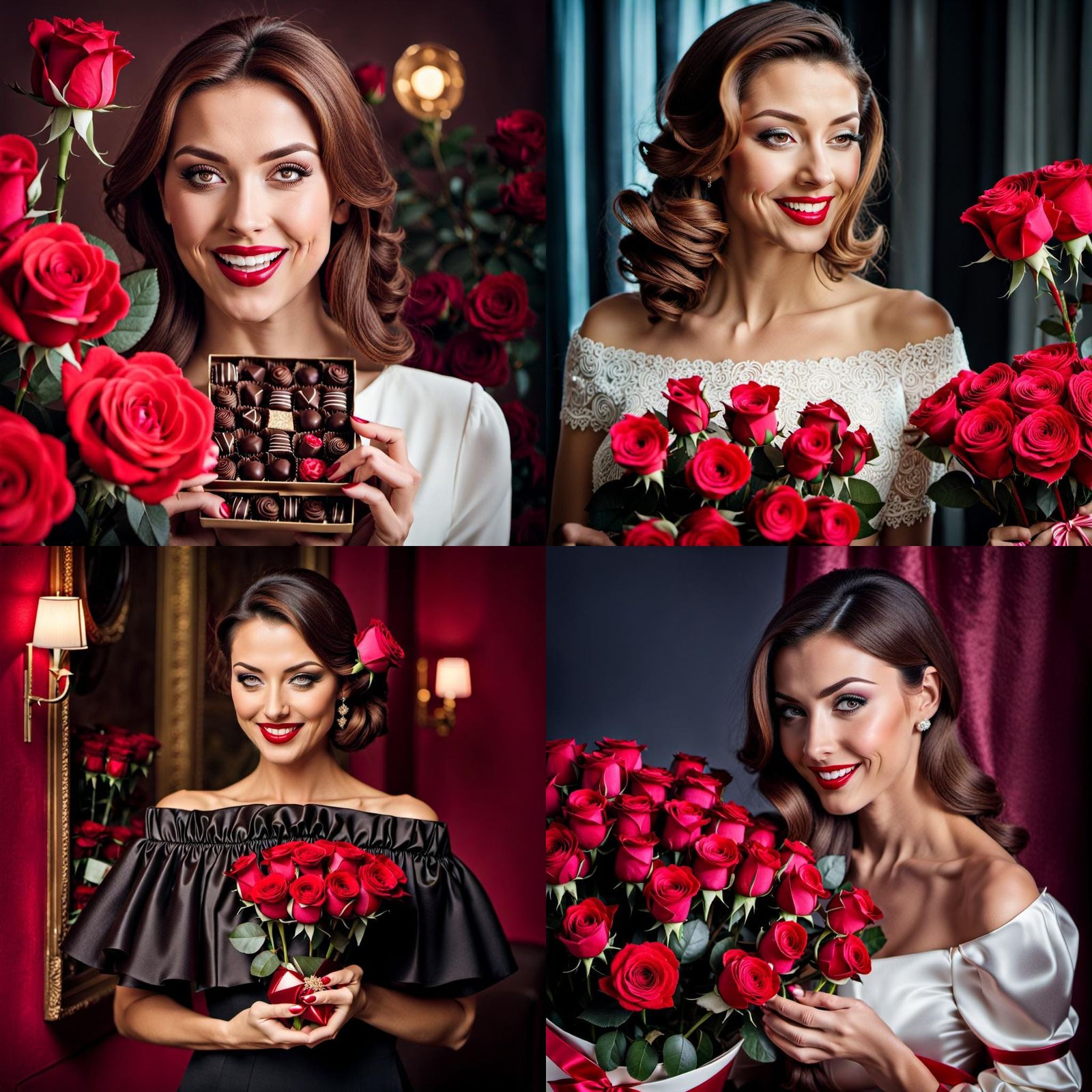 Happy Woman with Valentine's Day Chocolates and Roses