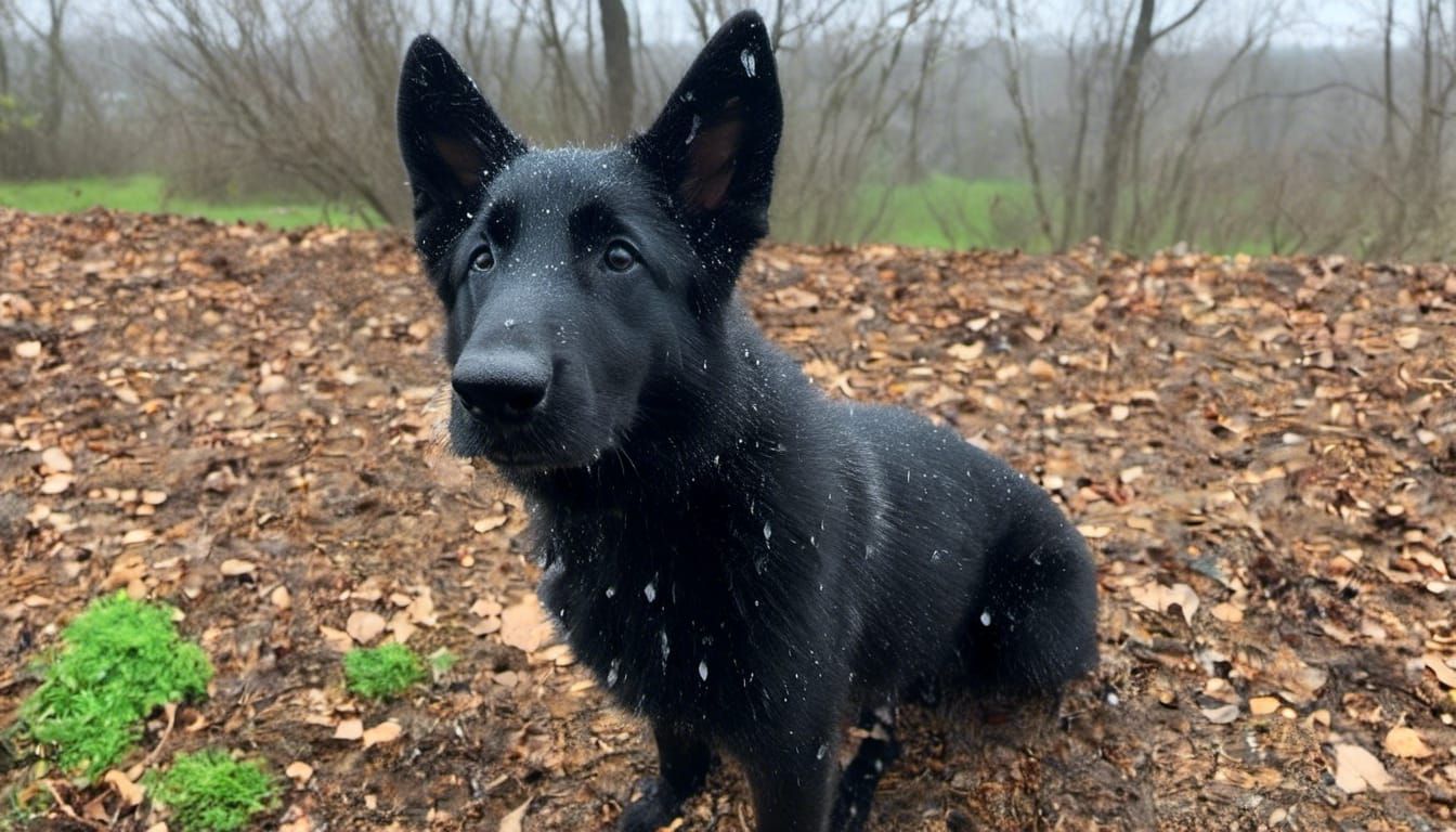 <lora:German Shepherds:1.0> Black Puppy German Shepherd, Wet . Storm, wind