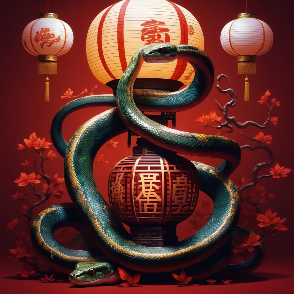 Elegant Snake Coiled Around Golden Lantern in Vibrant Red an...