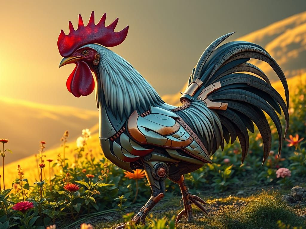 Majestic Rooster Mecha Adorned in Valley Garden