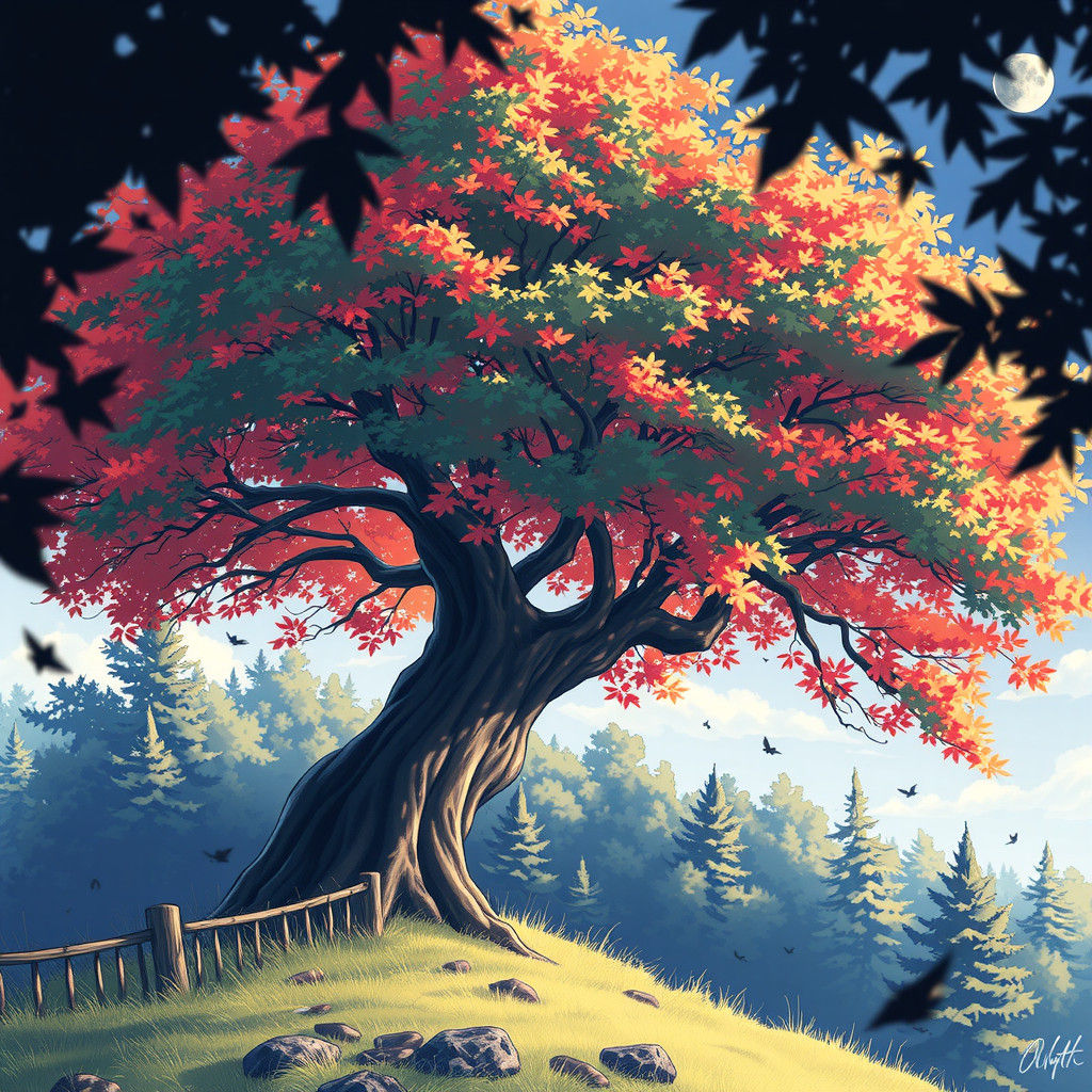 Anime Tree with Black Leaves Illustration