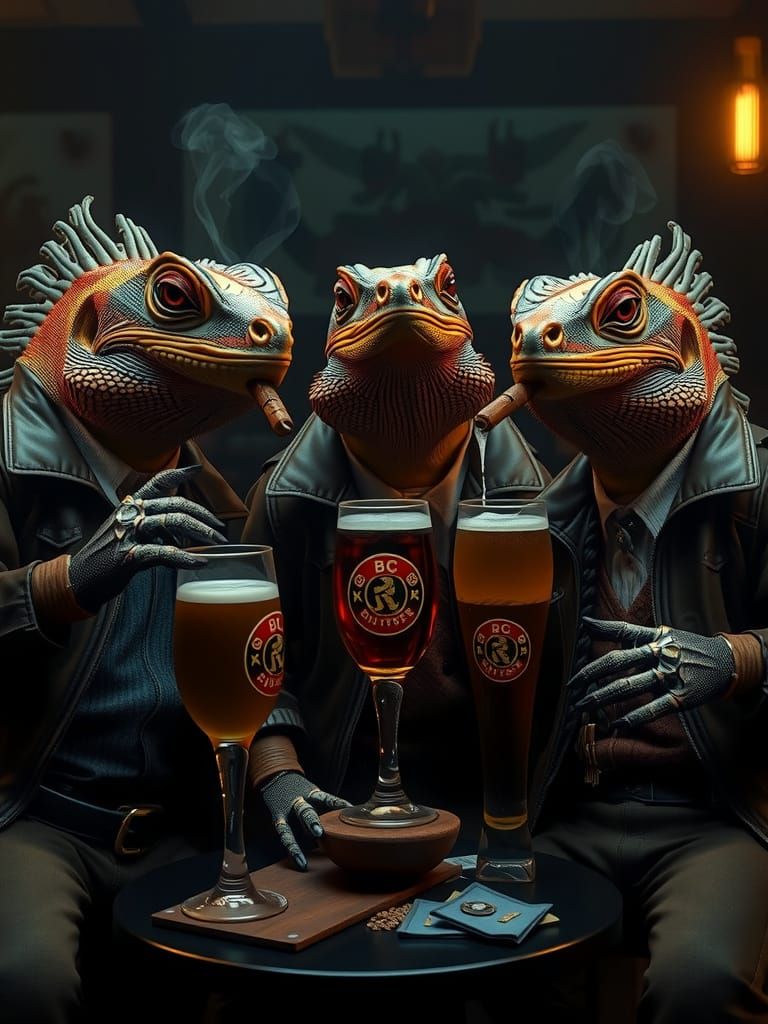 Three iguanas.dressed in leather drinking beer and smoking c...