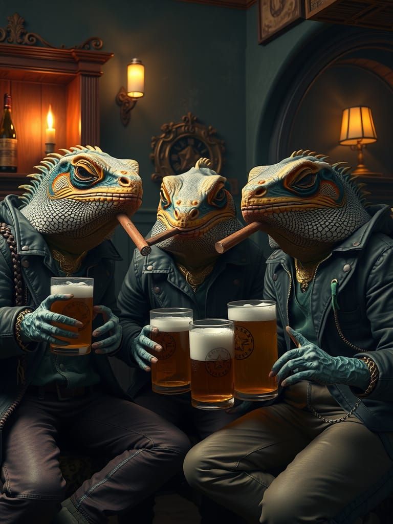 Three iguanas.dressed in leather drinking beer and smoking c...