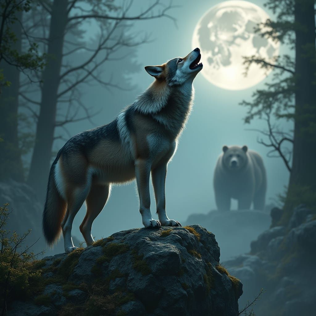 Hyper-Realistic Wolf in Moonslit Forest, Battling a Grizzly
