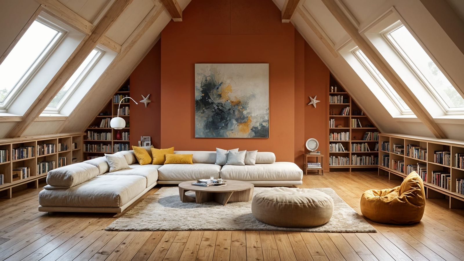 Modern Attic Family Relaxation Zone, Photorealistic Style