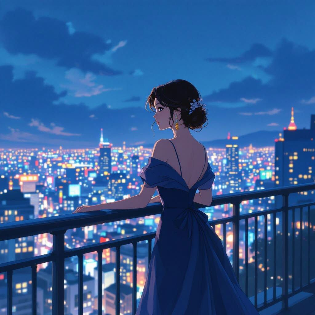 City Lights: Woman in Anime-Inspired Oil Painting