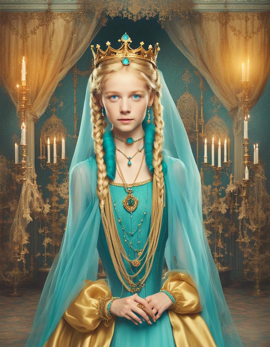 Medieval Princess with Braids, Crown, and Blue Gown