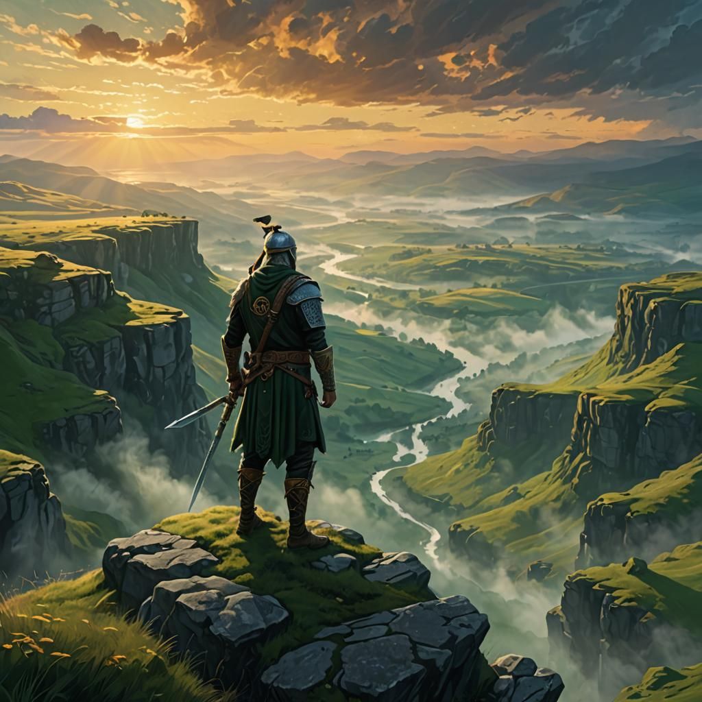 Celtic Warrior on Misty Cliff at Dawn