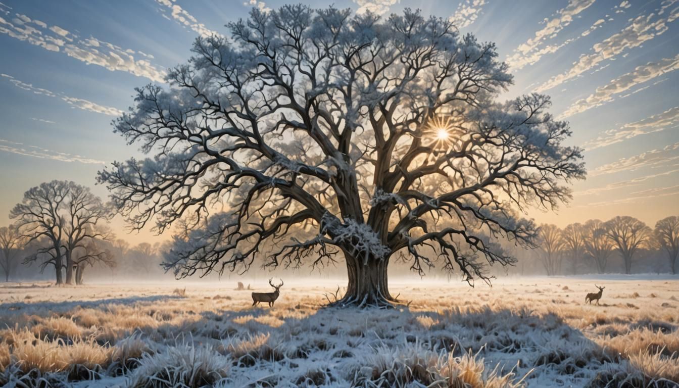 Trophy Buck Under Frosty Oak Tree Painting