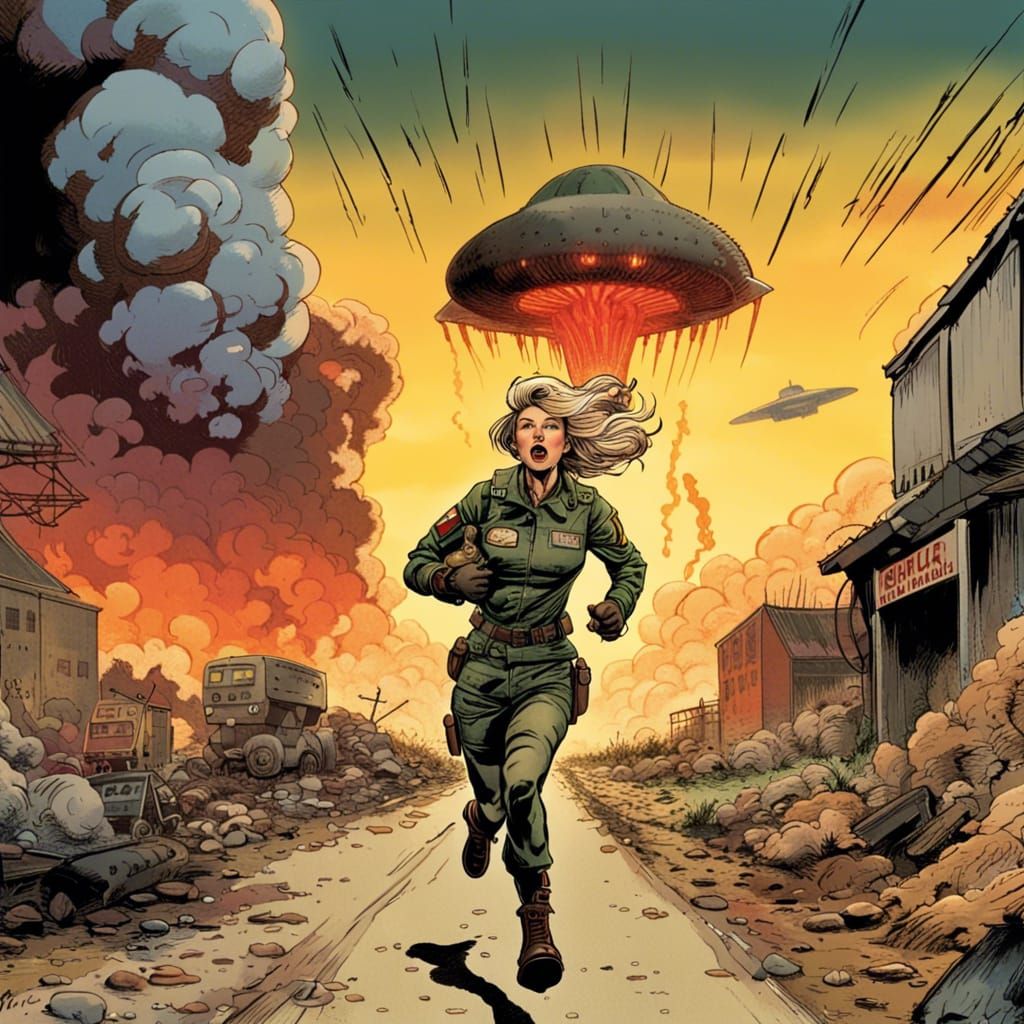 Woman Soldier and Baby in Post-Apocalyptic Comic Art