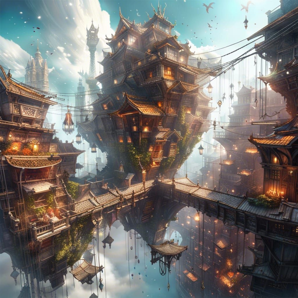 Fantasy City Suspended in Clouds: Hyperrealistic Digital Art
