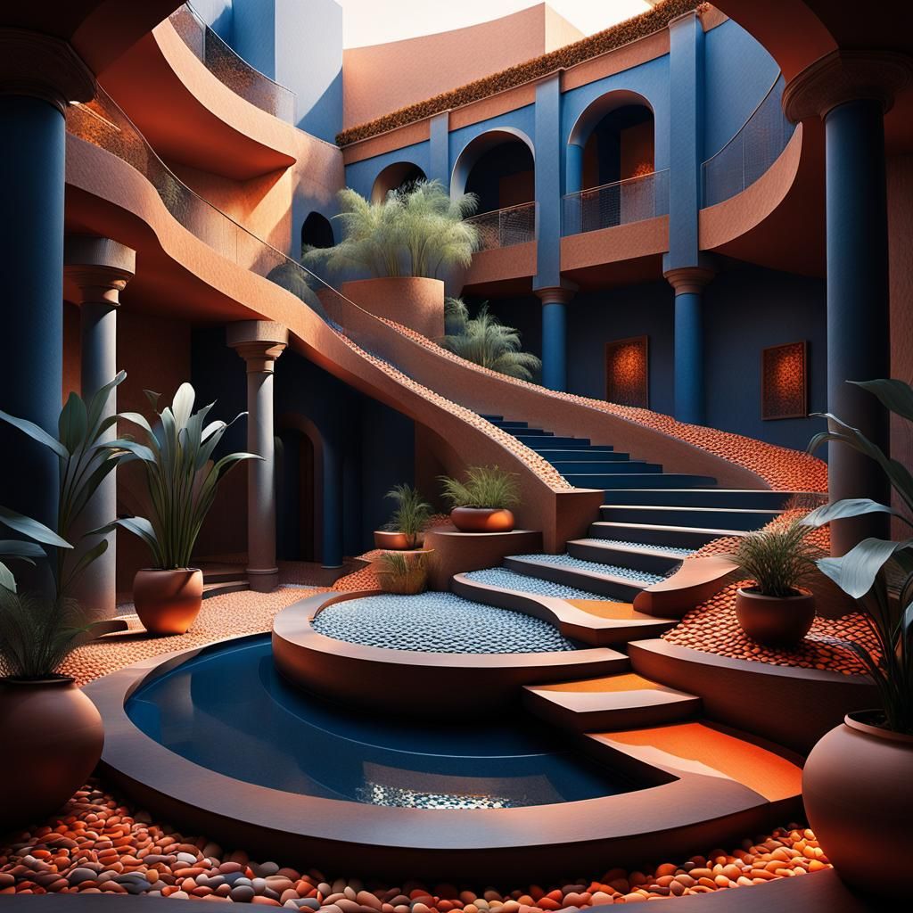 Futuristic Courtyard: Abstract Expressionism with Iridescent...