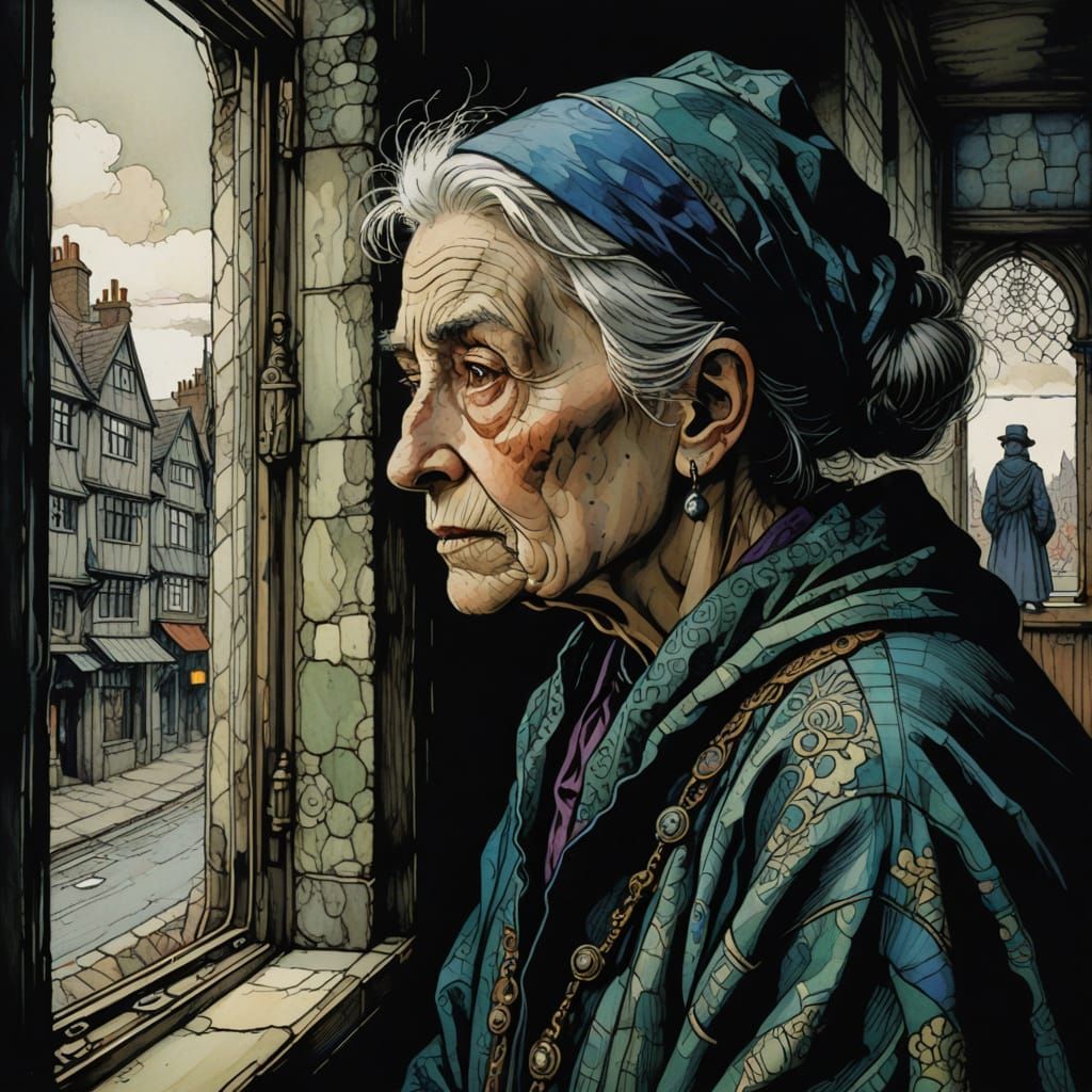 Ethereal Portrait of an Old Woman Contemplating Family and D...