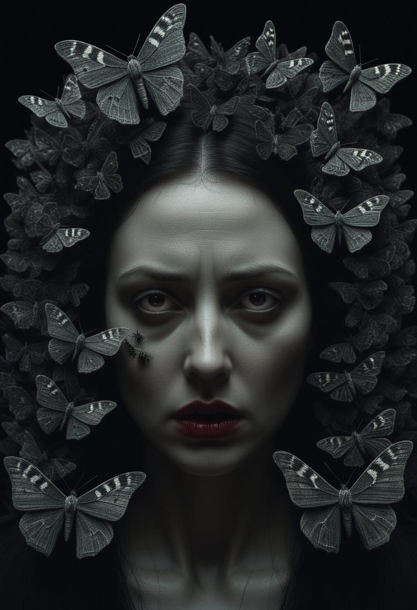 Surreal Horror Art: Woman and Moths in Deep Shadow