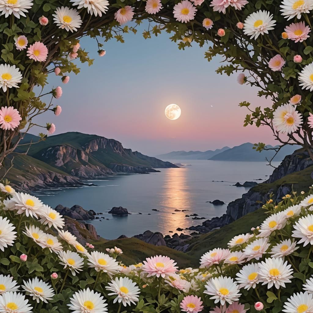 Moonlit Mountain with Floral Wreath in Impressionist Style