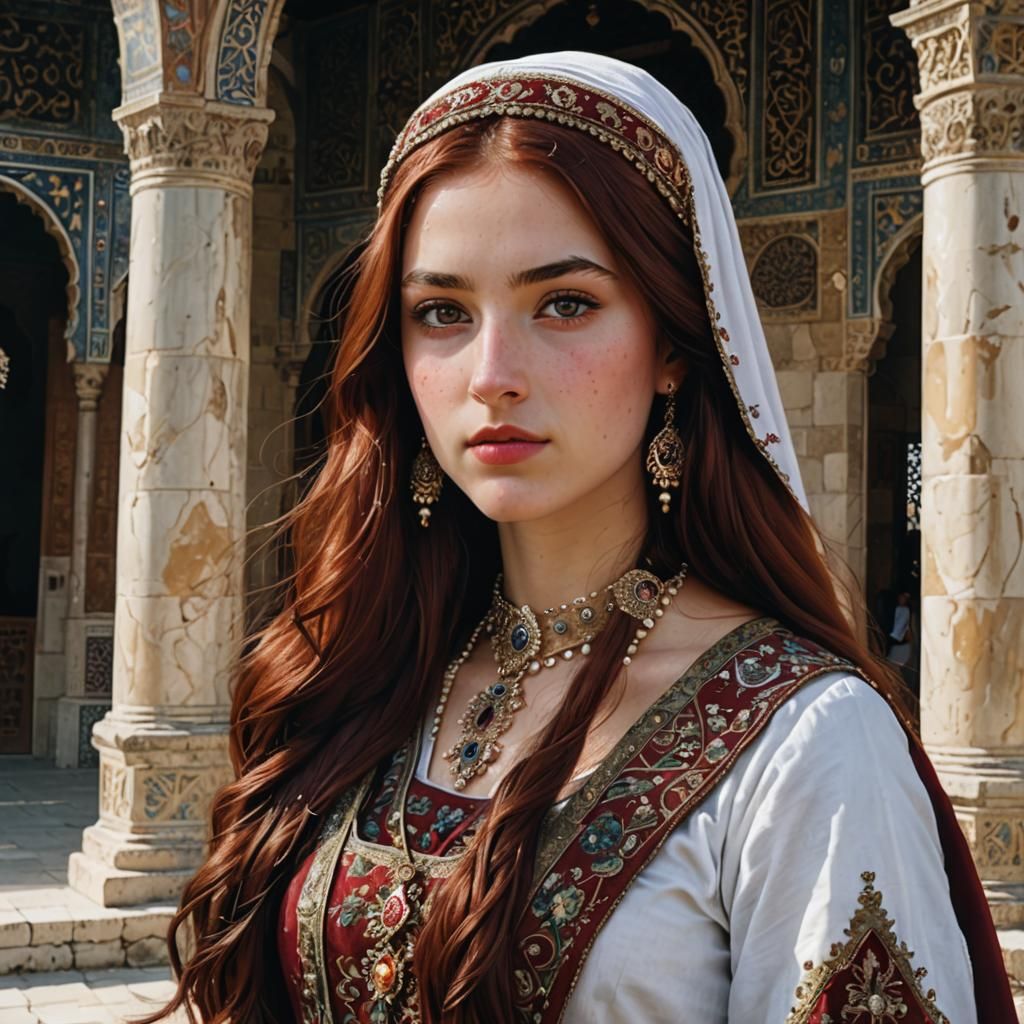 Anime Princess with Dark Red Hair in Turkish Clothes