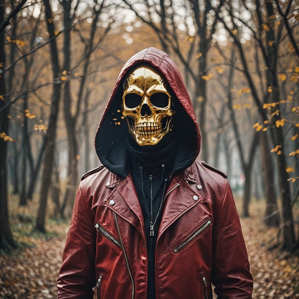 Man in Red Leather with Golden Skull Mask