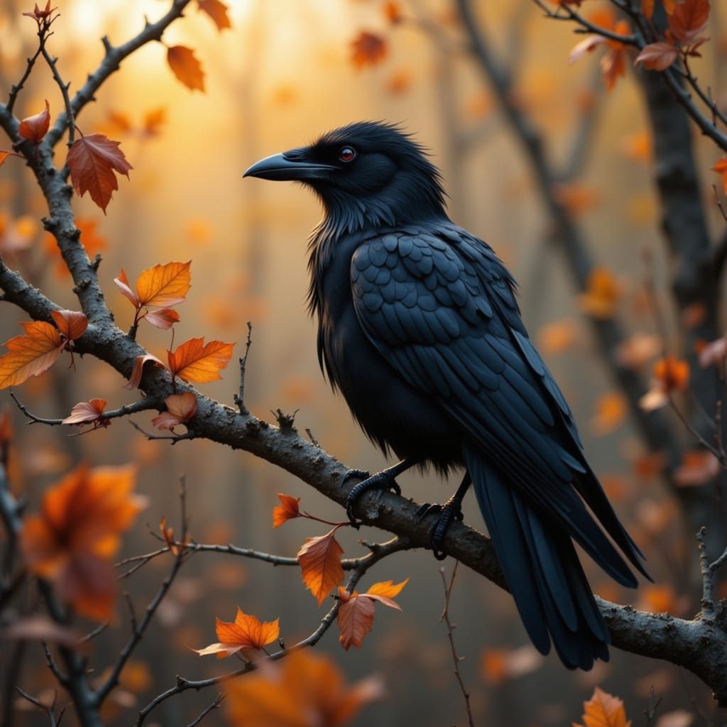 Crow on Dry Branch at Dusk, Autumn Evening