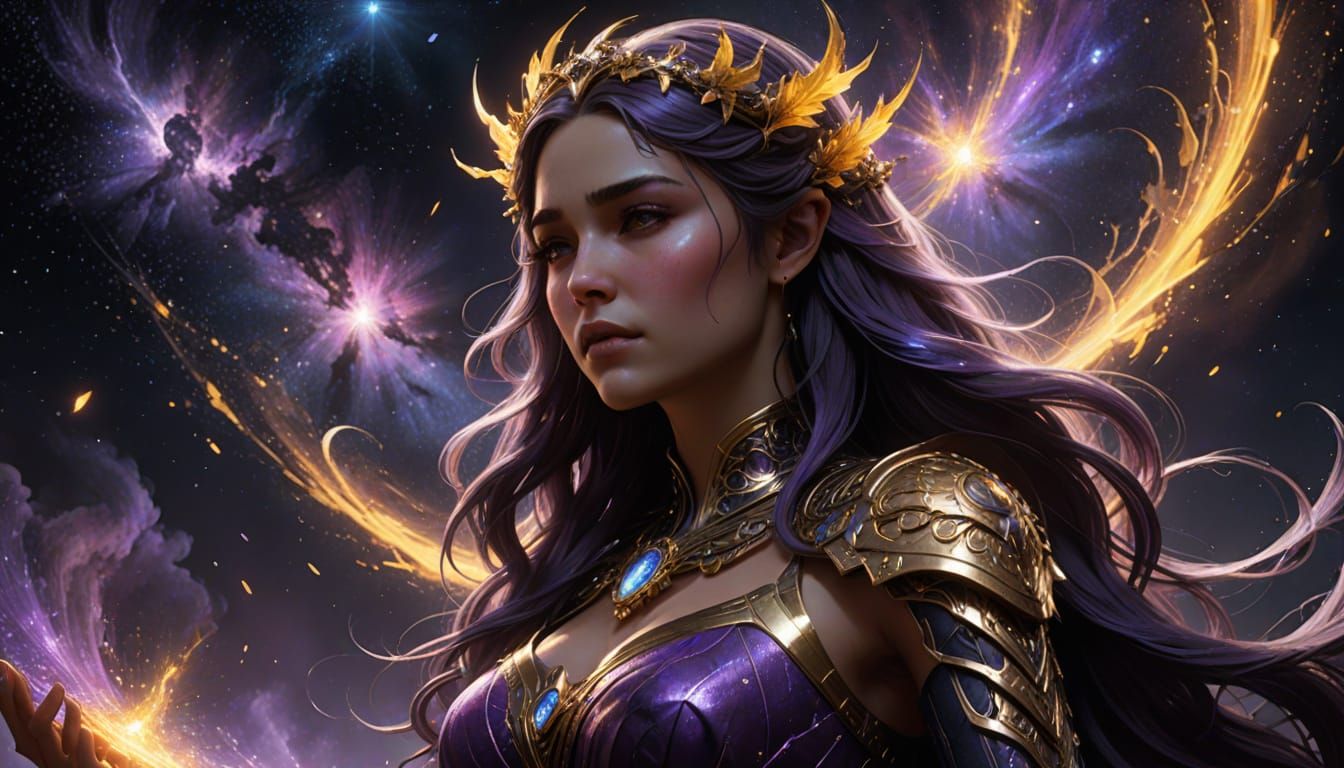 Celestial Goddess Weeping Light in Nebula, Dark Fantasy Art