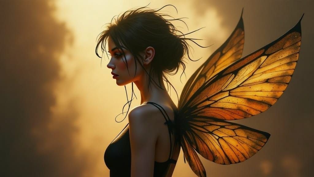Ethereal Dreamwoman with Delicate Wings in Golden Light