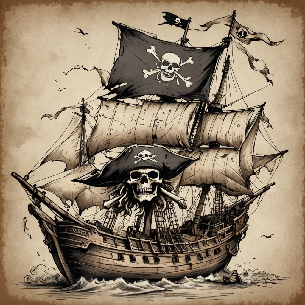 Sketch of Pirate Ship with Tattered Flag