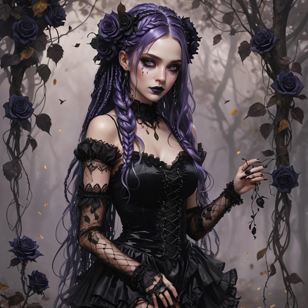 Ethereal Fey with Black Roses in Autumn