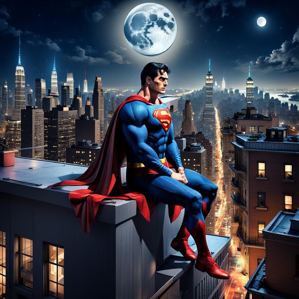 Superman Overlooking New York City at Night