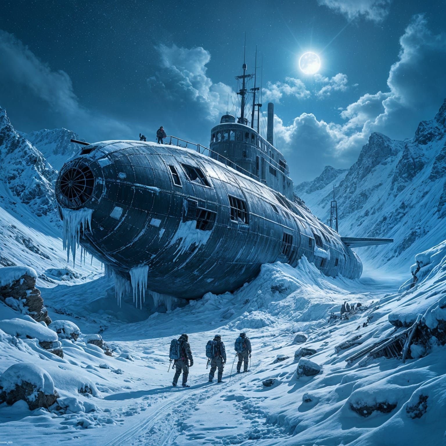 Abandoned Submarine Wreck in Snowy Mountain Pass