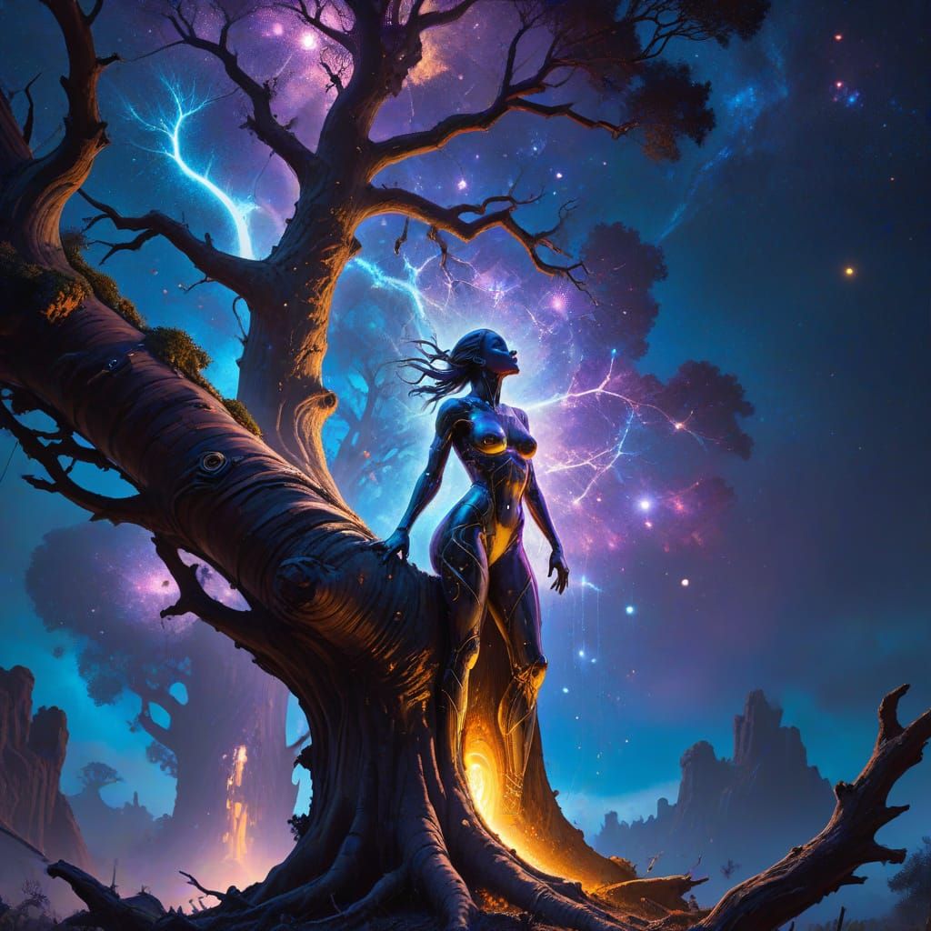 Transparent Mechanic Before Colossal Tree in Surreal Art